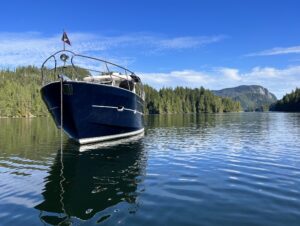 Elling motor yacht anchored in the serene waters of Turnbull Cove, surrounded by lush green forests and a backdrop of mountains.